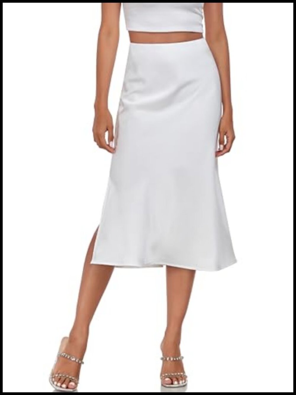 Women's Silk Satin Midi Skirt High Waist Elastic A-Line Slit Elegant Casual
